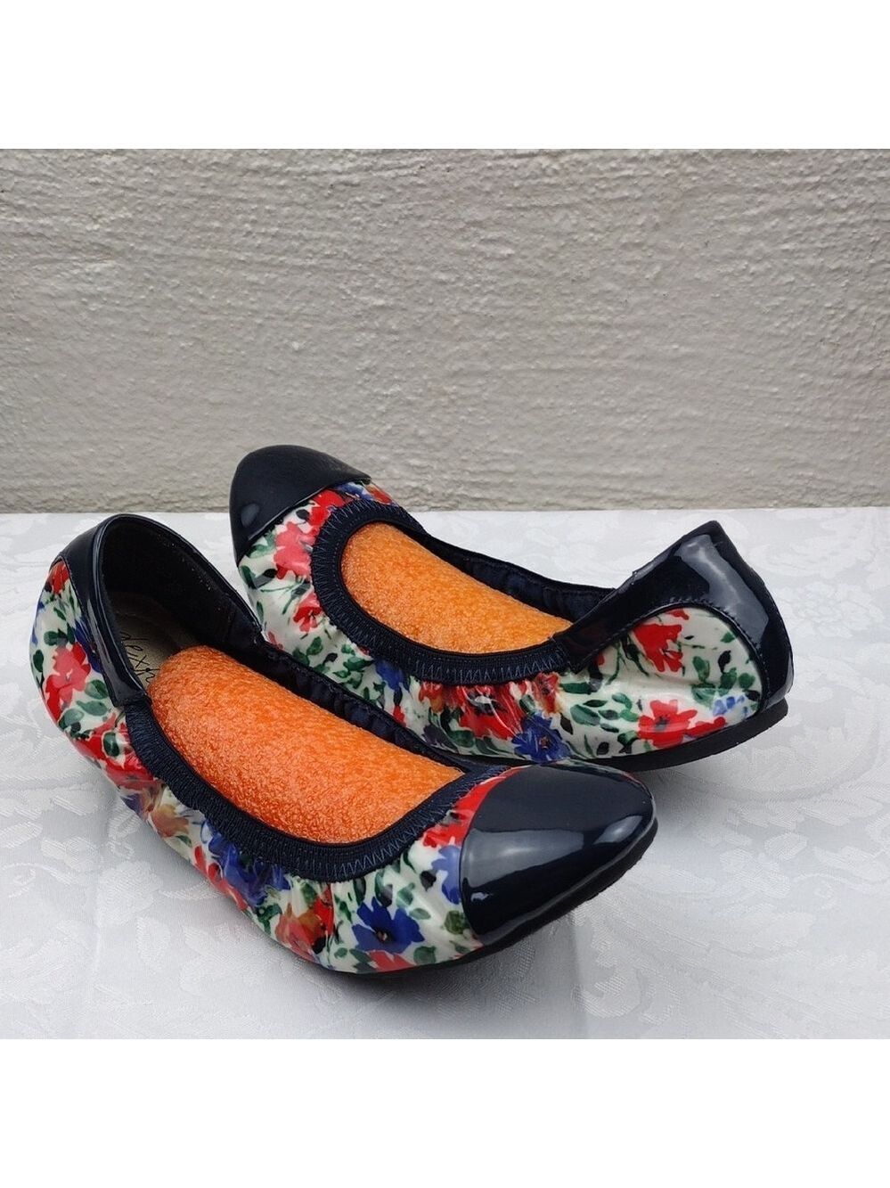 dexflex comfort Navy Blue Floral Patent Fabric Upper Round Toe Ballet Flat Shoe